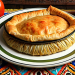**

"A vibrant, appetizing *börek* filled with colorful leftover rice, vegetables, and chicken, presented on a rustic Turkish kitchen table with traditional patterned tablecloth."

**
