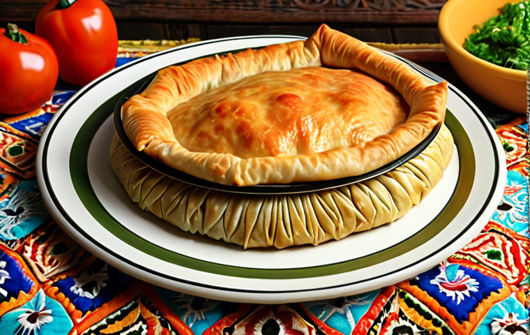 **
"A vibrant, appetizing *börek* filled with colorful leftover rice, vegetables, and chicken, presented on a rustic Turkish kitchen table with traditional patterned tablecloth."
**