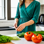 A professional woman in modest, appropriate attire, standing in a bright, modern home kitchen. She is meticulously preparing fresh, seasonal vegetables sourced from a local market, with a focus on zero-waste cooking techniques. On the countertop, there are vibrant green leafy vegetables, colorful tomatoes, and a small, stylish compost bin. Reusable glass jars and eco-friendly kitchen tools are visible. The atmosphere is clean and organized, emphasizing sustainable living. Natural daylight fills the space, high-quality professional photography, ultra-detailed, realistic, safe for work, appropriate content, fully clothed, professional dress, perfect anatomy, correct proportions, natural pose, well-formed hands, proper finger count, natural body proportions.